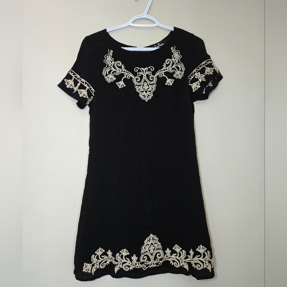 Lulu's Black A Line Mini Dress with Cream Embroidery - Fully Lined